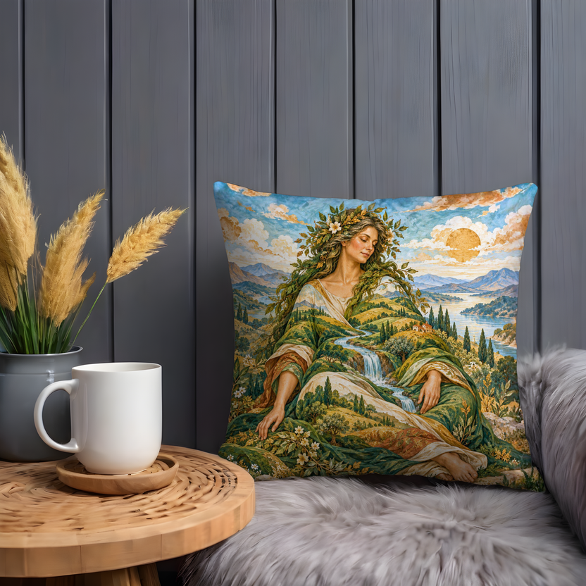 Nature Goddess Figure Pillow Cover | Lush, Verdant, Mountainous Landscape with a Large Body of Water Under a Bright Sky
