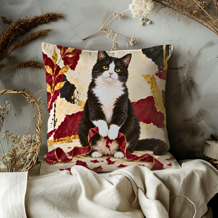 Tuxedo Cat Pillow Cover | Patchwork Backdrop with Red Ribbons and Gold Leaves
