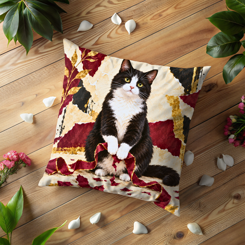 Tuxedo Cat Pillow Cover | Patchwork Backdrop with Red Ribbons and Gold Leaves