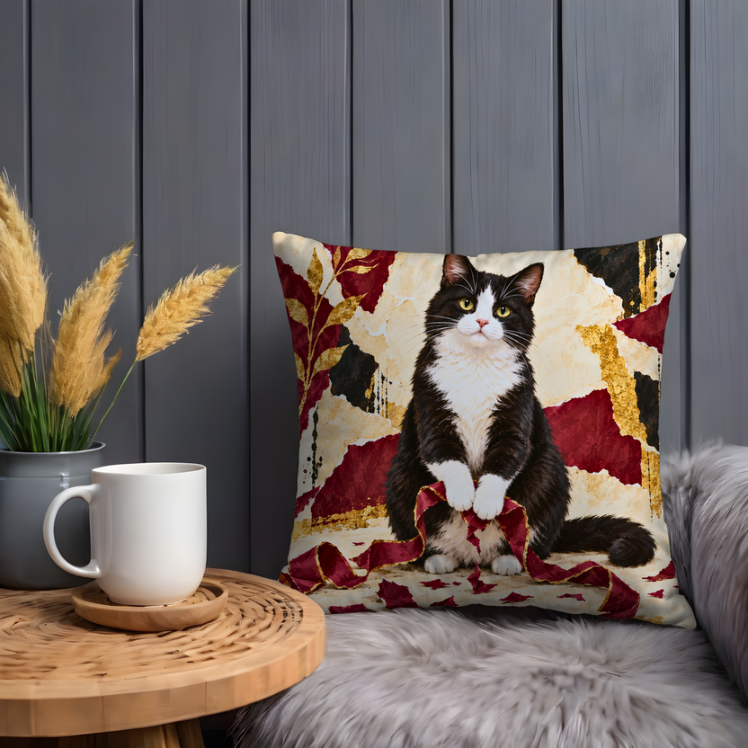 Tuxedo Cat Pillow Cover | Patchwork Backdrop with Red Ribbons and Gold Leaves