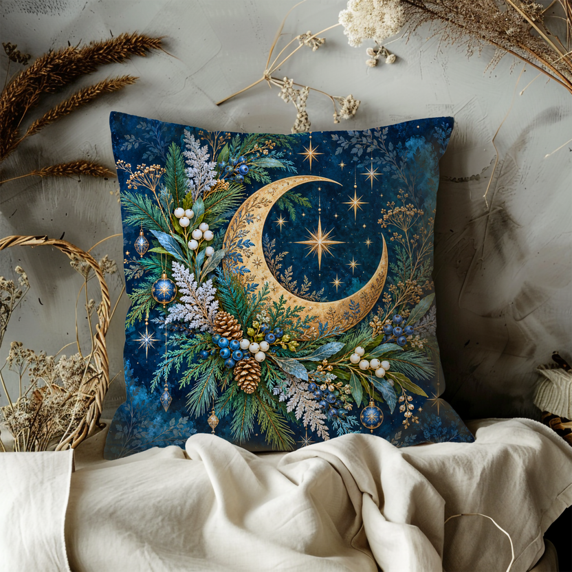 Crescent Moon Pillow Cover | Celestial Winter Night Scene