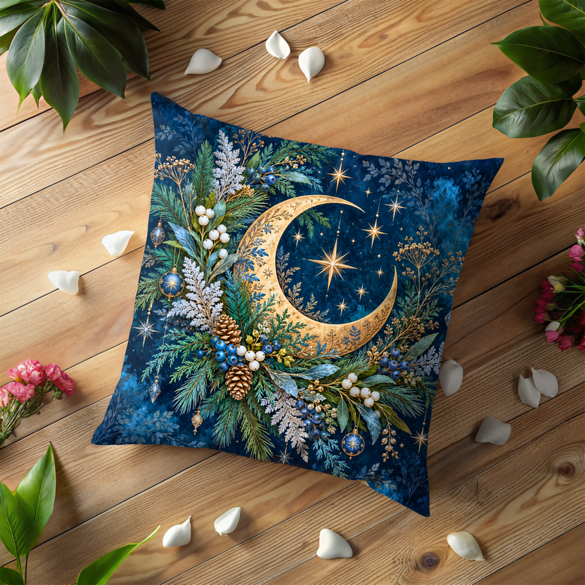 Crescent Moon Pillow Cover | Celestial Winter Night Scene