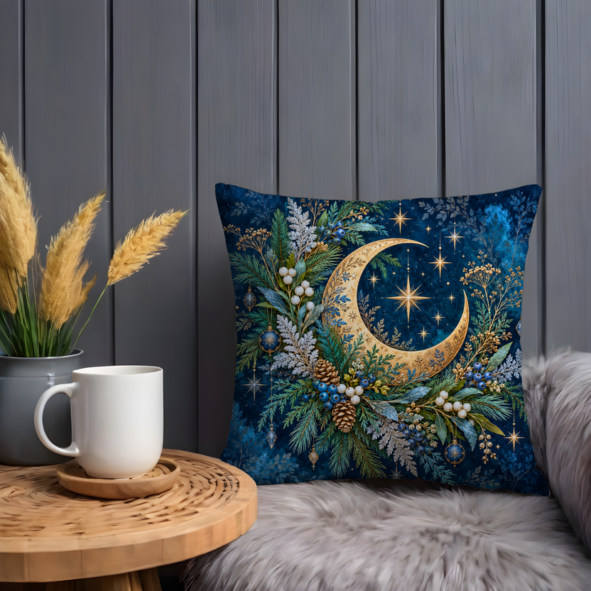 Crescent Moon Pillow Cover | Celestial Winter Night Scene