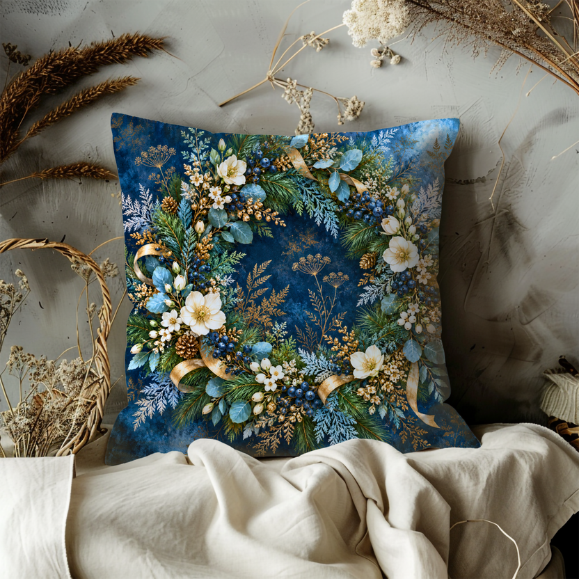 Festive Winter Wreath Pillow Cover | Winter Arrangement on a Dark Blue Textured Background