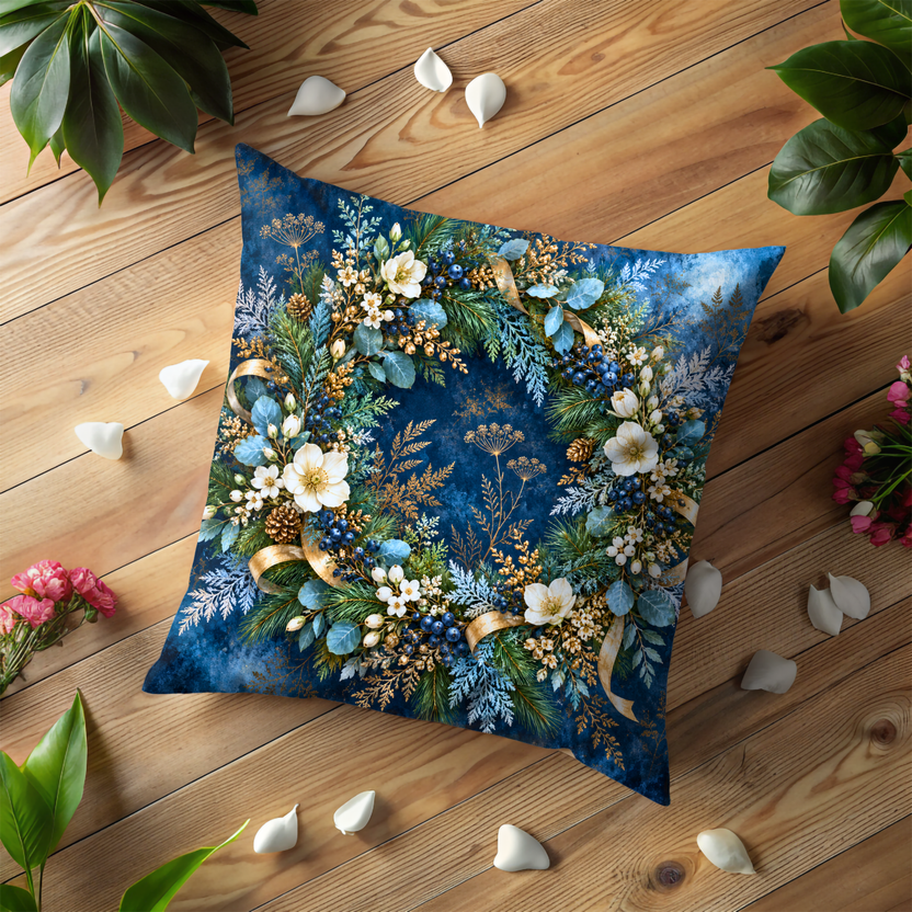 Festive Winter Wreath Pillow Cover | Winter Arrangement on a Dark Blue Textured Background