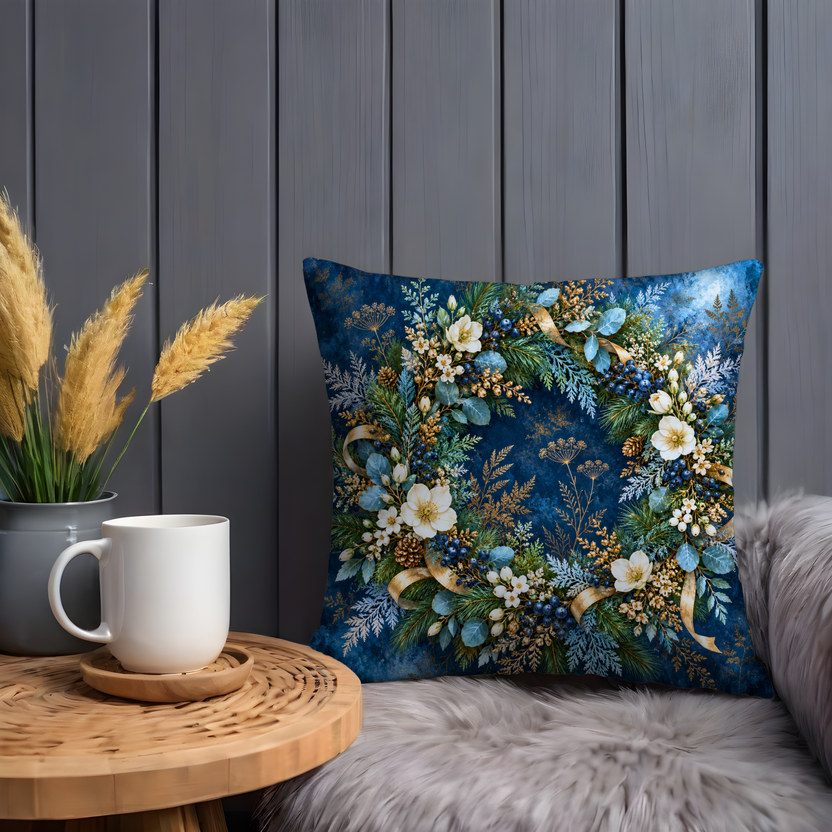 Festive Winter Wreath Pillow Cover | Winter Arrangement on a Dark Blue Textured Background