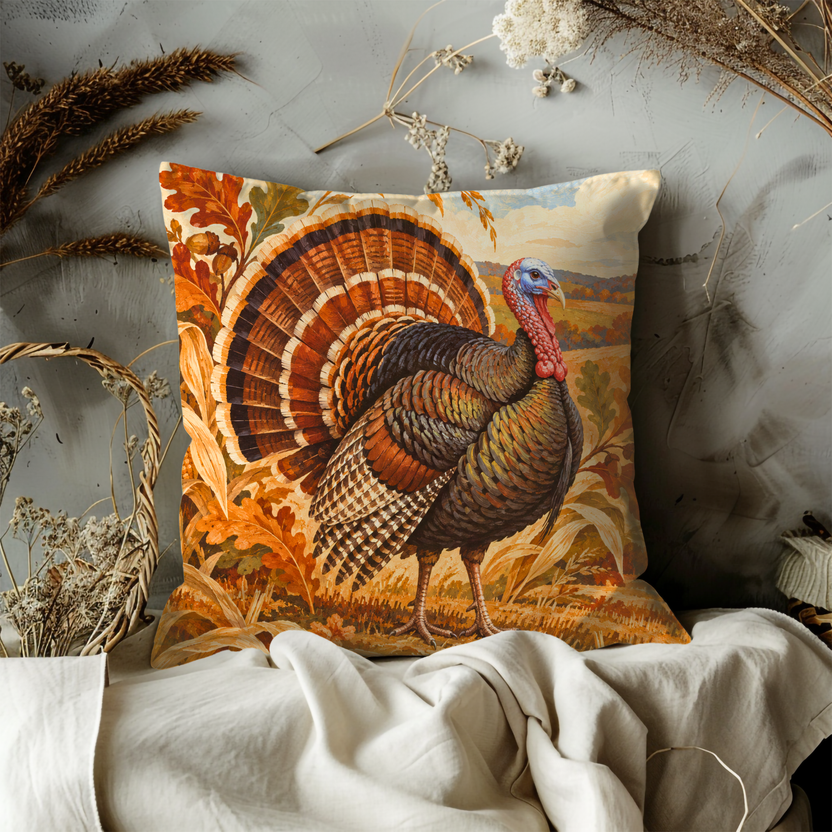 Wild Turkey Pillow Cover | Autumn Rural Landscape with Harvested Fields and Rolling Hills Under a Cloudy Sky