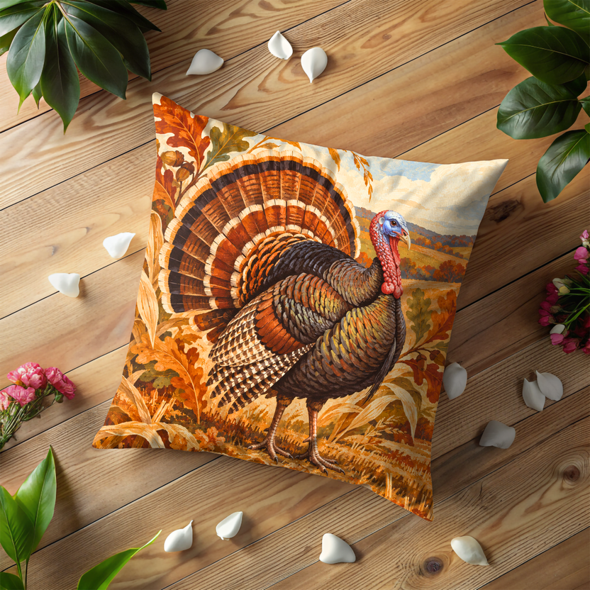 Wild Turkey Pillow Cover | Autumn Rural Landscape with Harvested Fields and Rolling Hills Under a Cloudy Sky