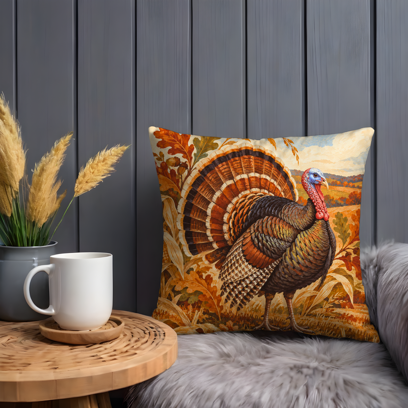 Wild Turkey Pillow Cover | Autumn Rural Landscape with Harvested Fields and Rolling Hills Under a Cloudy Sky