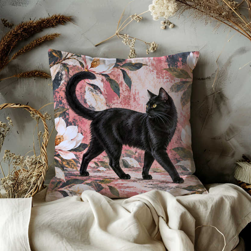 Black Cat Pillow Cover | Floral and Botanical Setting with a Textured, Painterly Background
