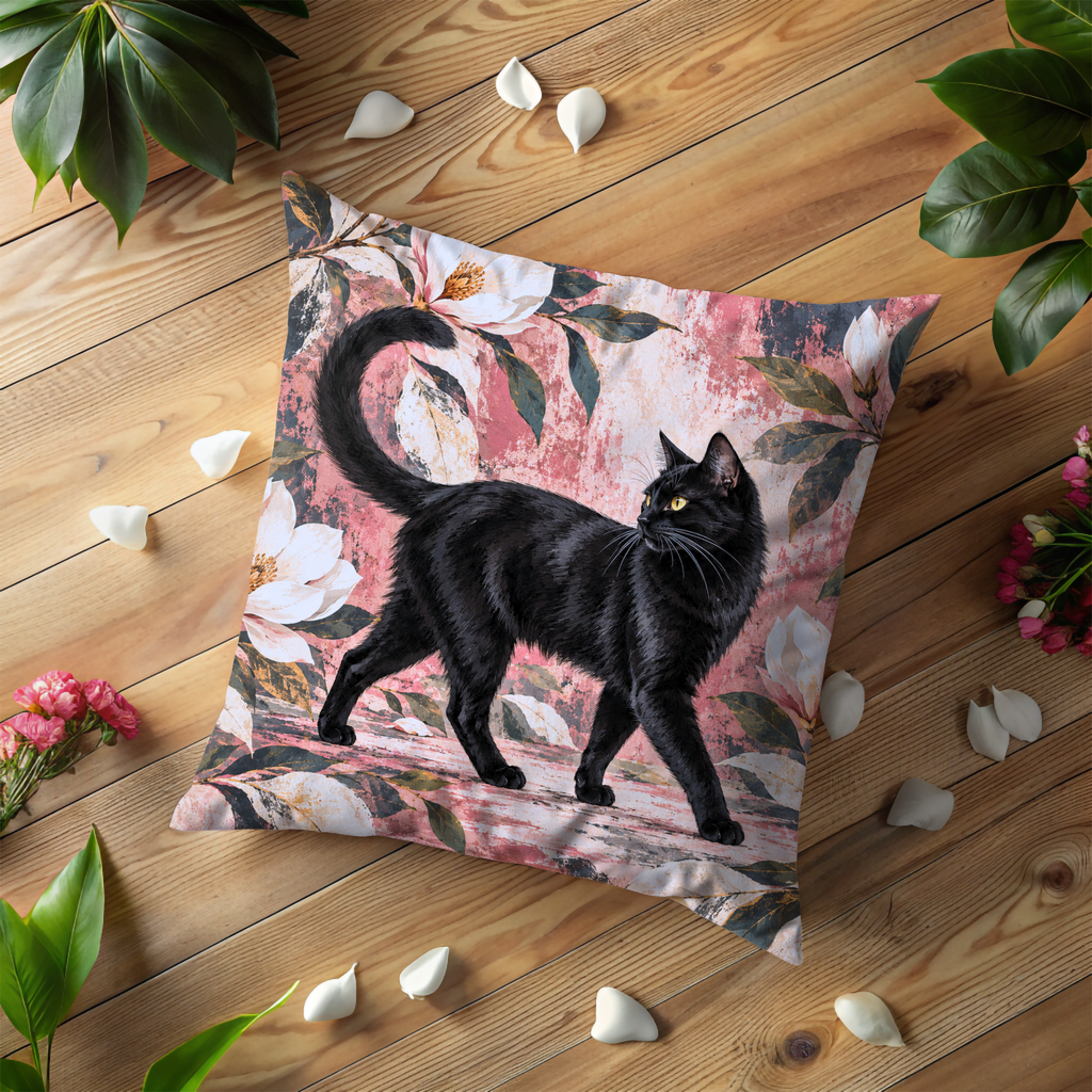 Black Cat Pillow Cover | Floral and Botanical Setting with a Textured, Painterly Background