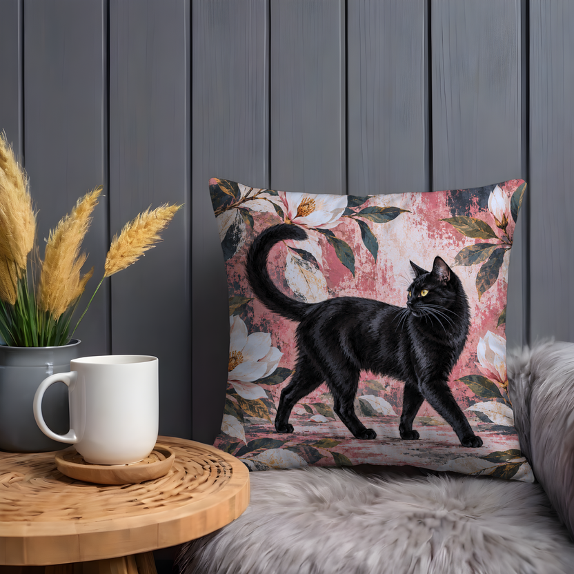 Black Cat Pillow Cover | Floral and Botanical Setting with a Textured, Painterly Background