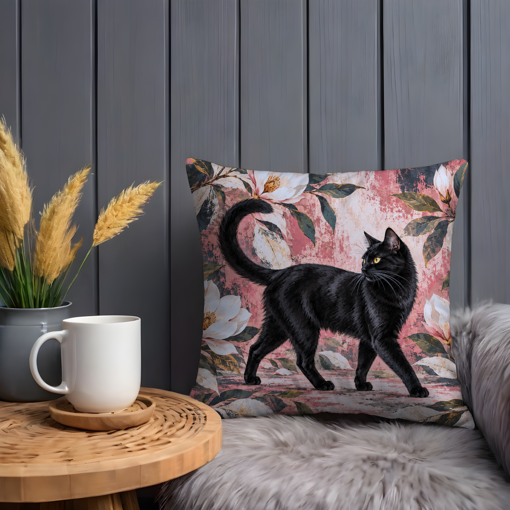 Black Cat Pillow Cover | Floral and Botanical Setting with a Textured, Painterly Background