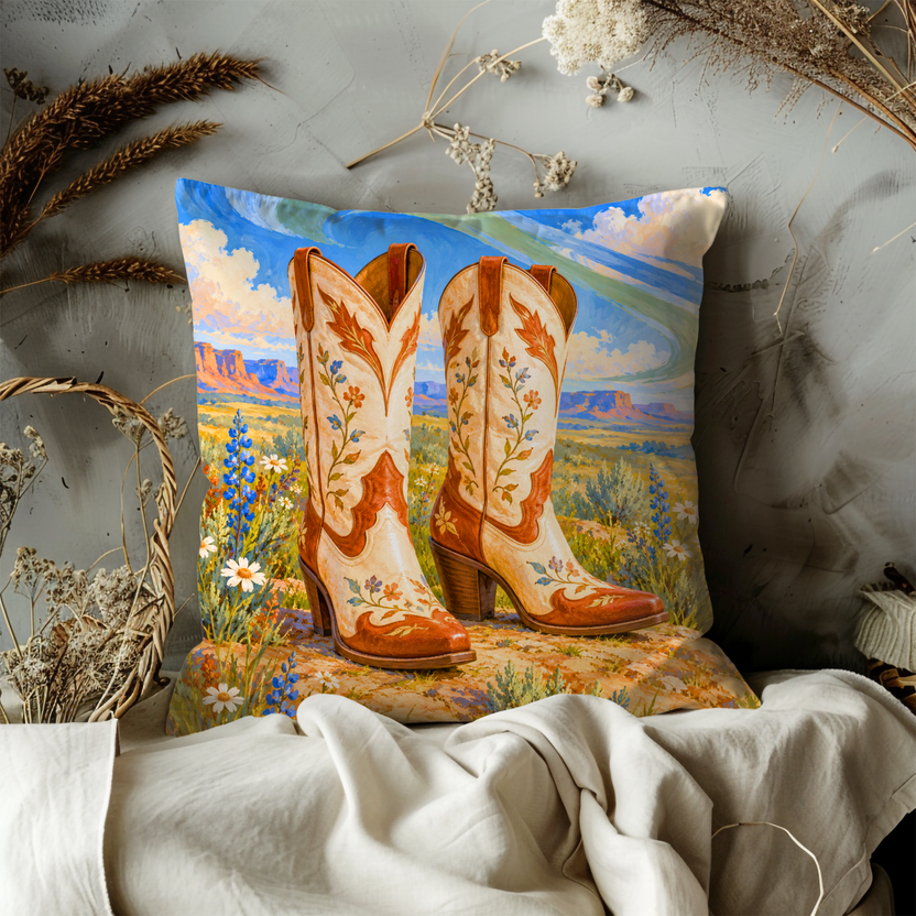 Pair Cowboy Boots Pillow Cover | Vibrant Desert Landscape with Distant Mesas and a Dynamic Sky