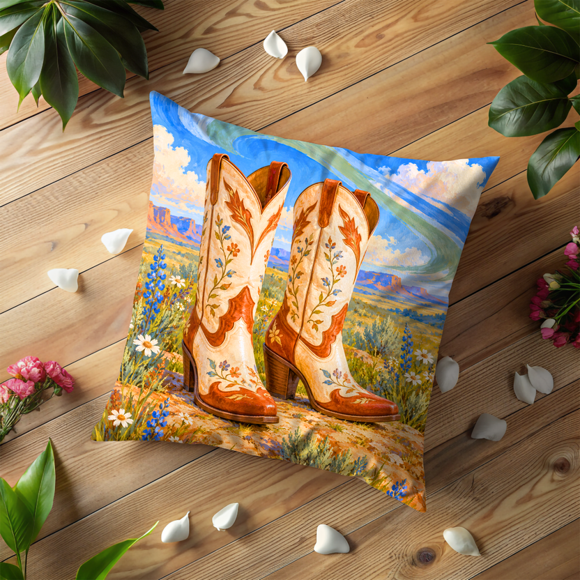 Pair Cowboy Boots Pillow Cover | Vibrant Desert Landscape with Distant Mesas and a Dynamic Sky