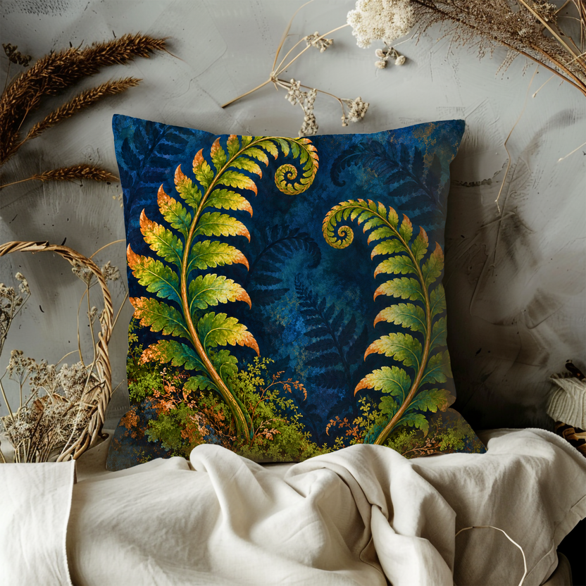 Fern Fronds Pillow Cover | Mystical Forest or Setting with a Deep Blue Backdrop