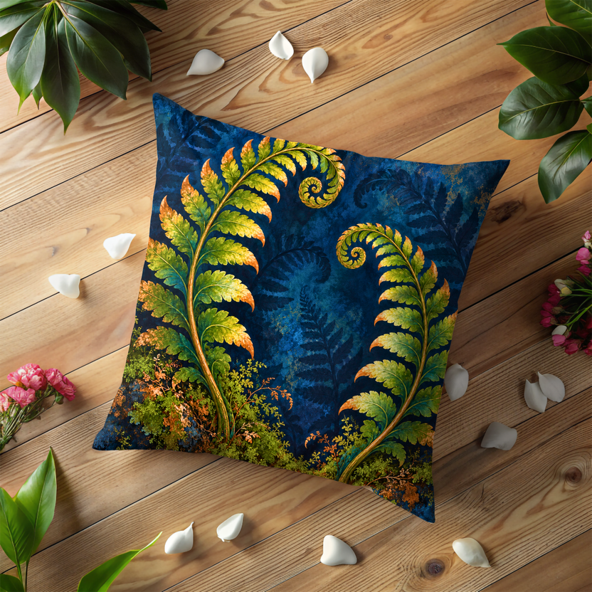 Fern Fronds Pillow Cover | Mystical Forest or Setting with a Deep Blue Backdrop