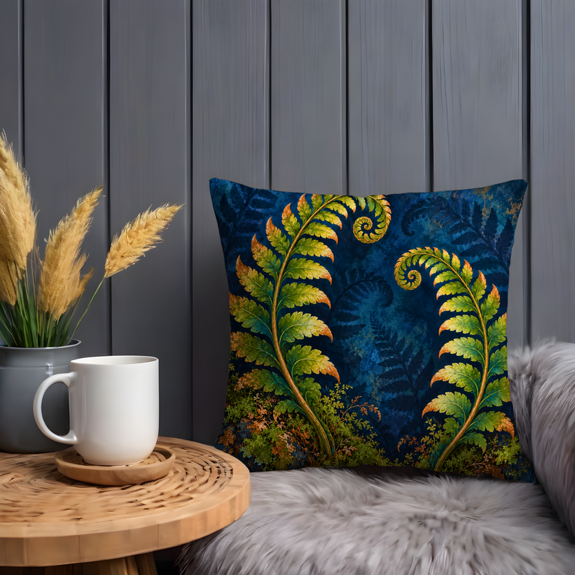 Fern Fronds Pillow Cover | Mystical Forest or Setting with a Deep Blue Backdrop