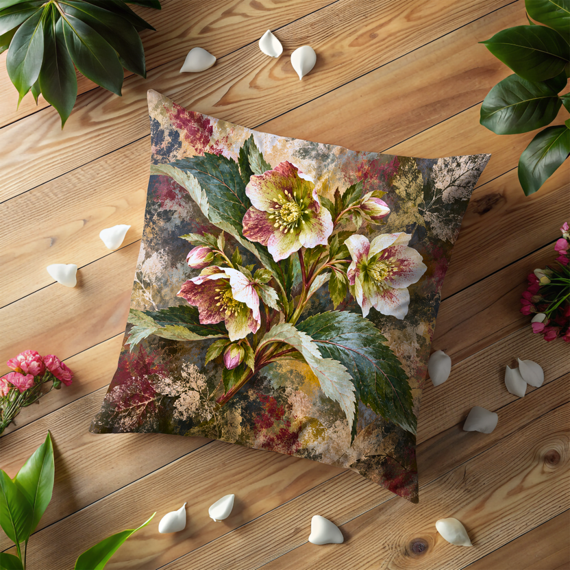 Hellebore Flowers Pillow Cover | Botanical Arrangement on a Distressed, Abstract Background