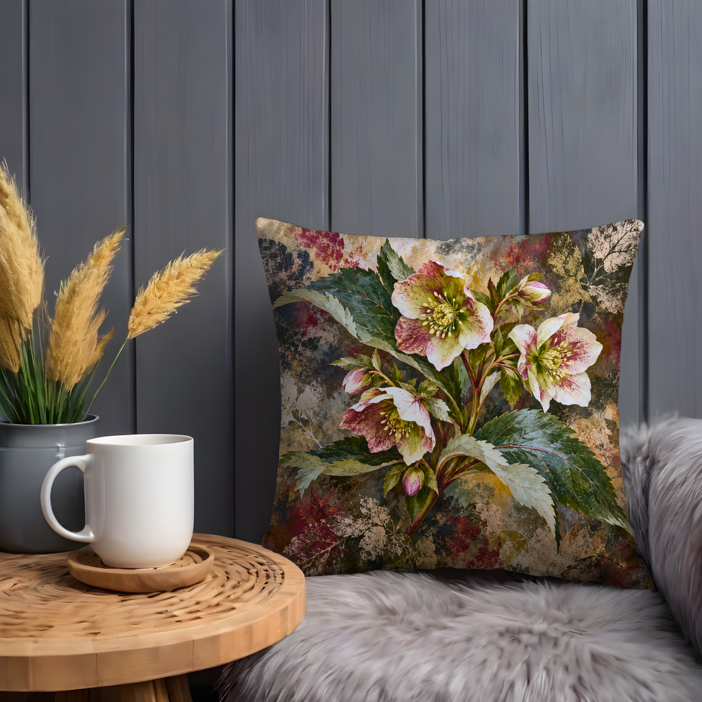 Hellebore Flowers Pillow Cover | Botanical Arrangement on a Distressed, Abstract Background