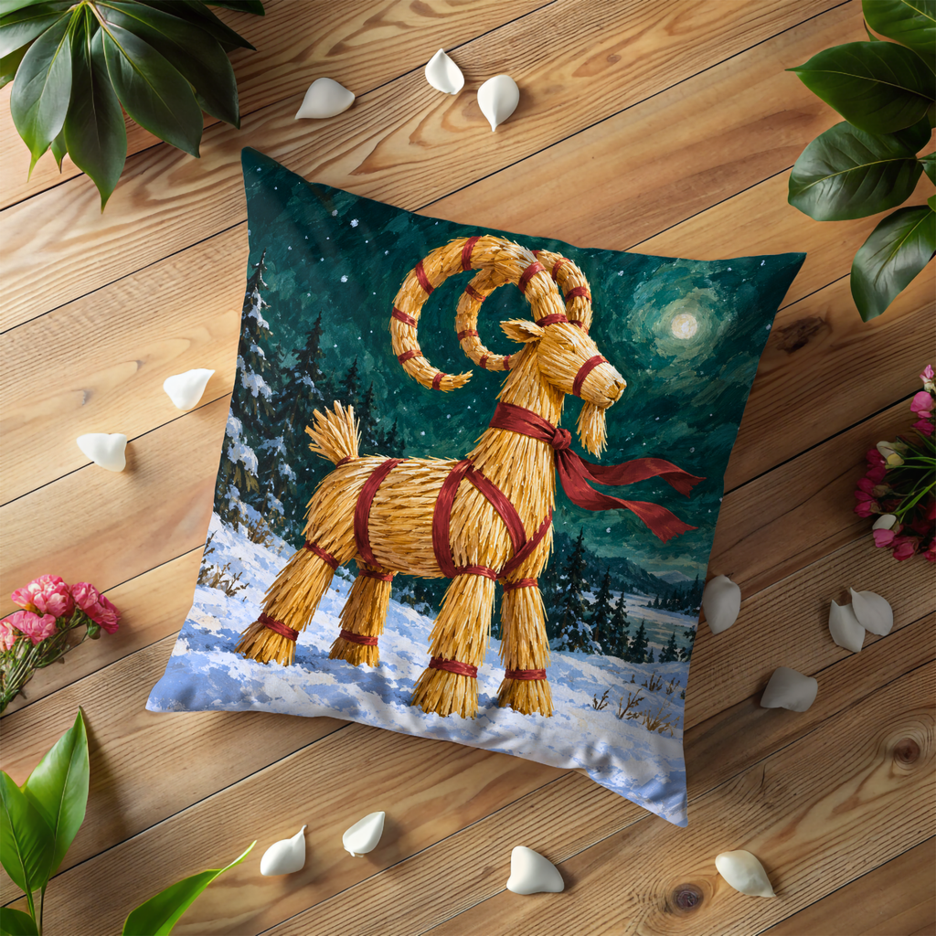 Straw Goat Pillow Cover | Snowy Night Forest