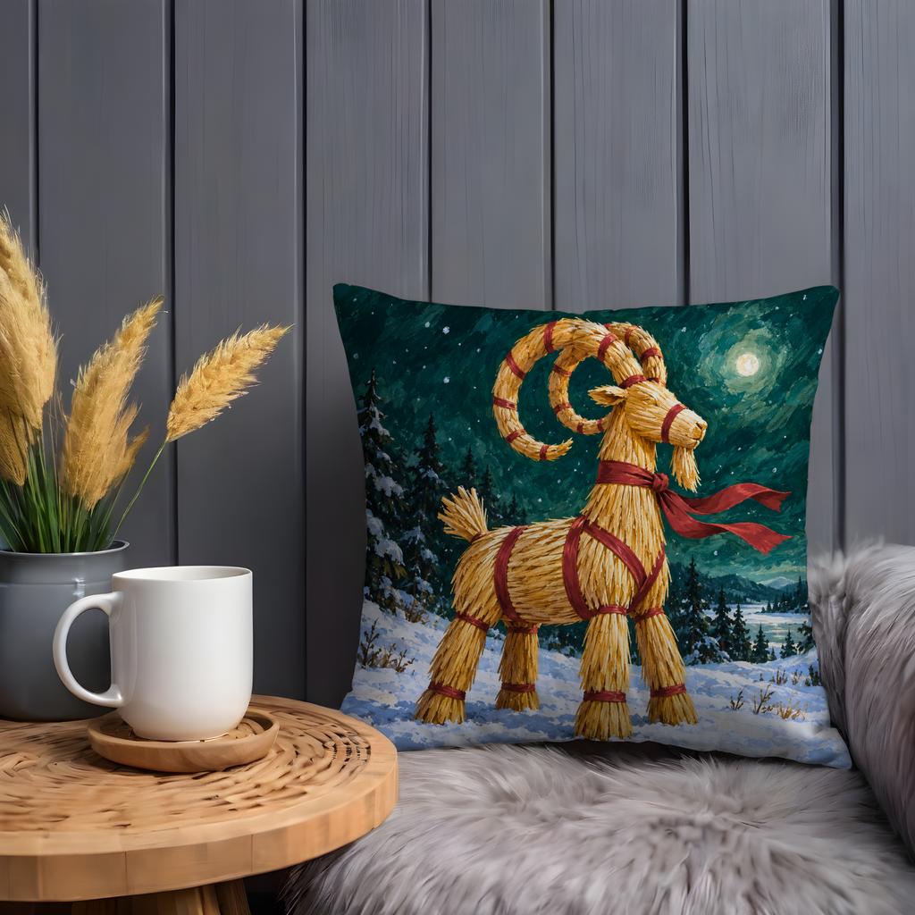 Straw Goat Pillow Cover | Snowy Night Forest