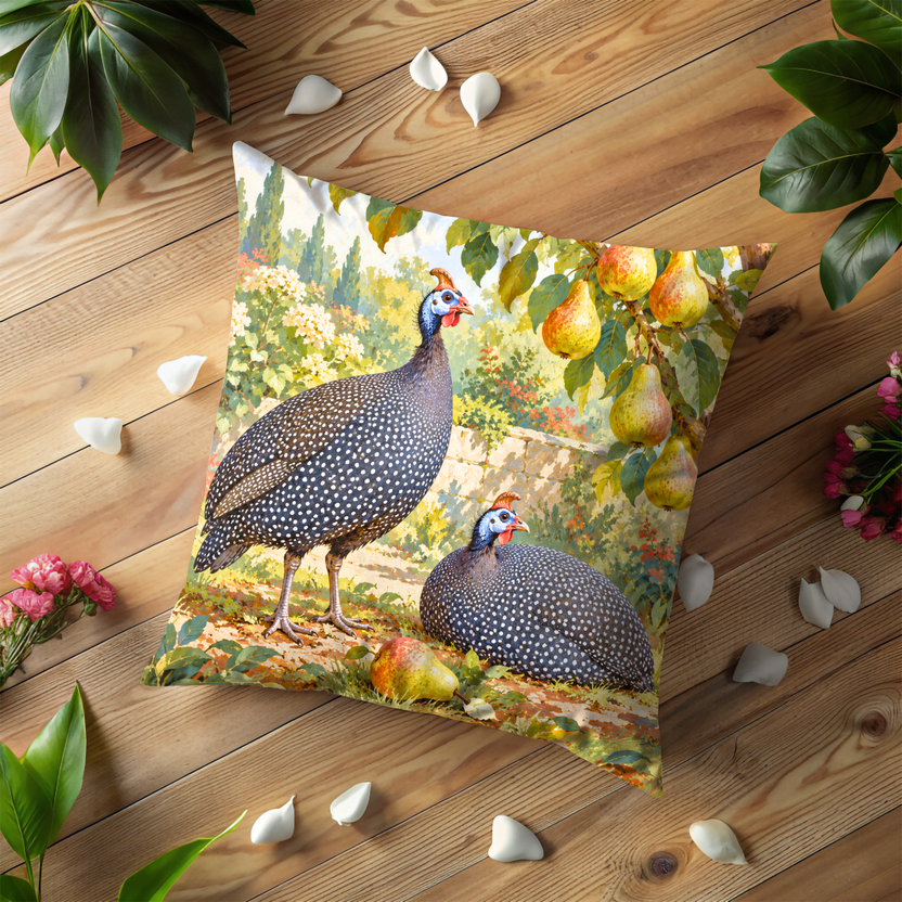 Guinea Fowl Pillow Cover | Flowering Pear Orchard