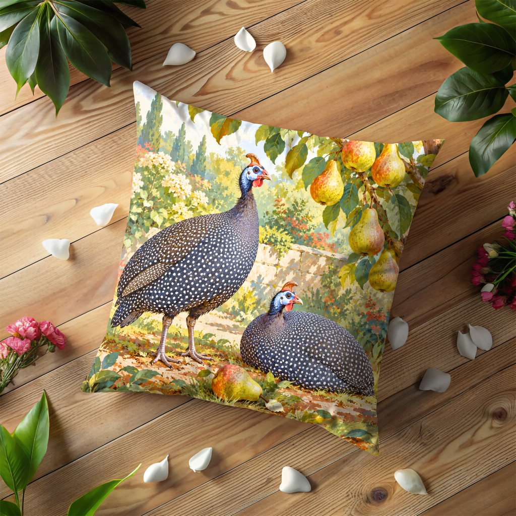 Guinea Fowl Pillow Cover | Flowering Pear Orchard