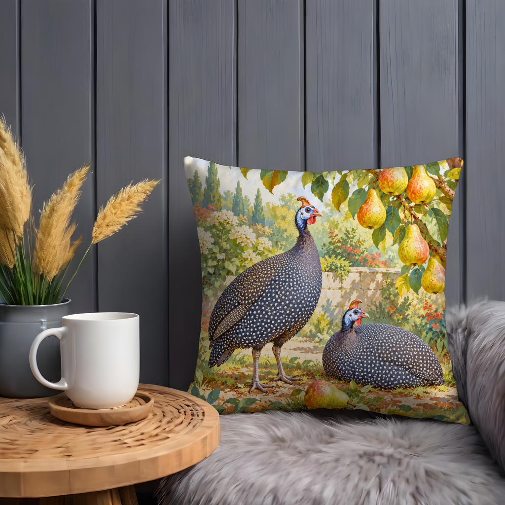 Guinea Fowl Pillow Cover | Flowering Pear Orchard