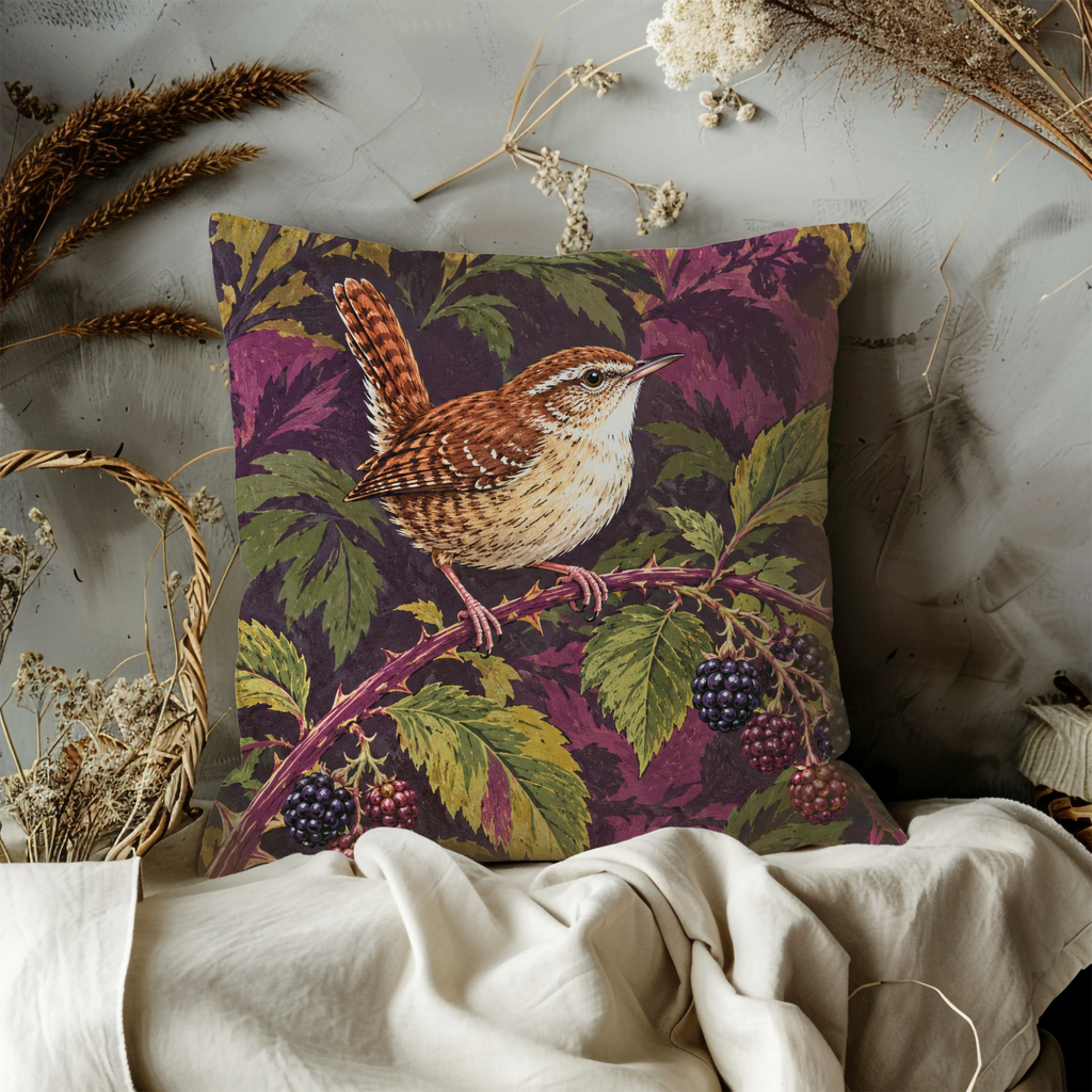 Wren Pillow Cover | Perched on a Thorny Blackberry Bramble Against Dense Burgundy Foliage