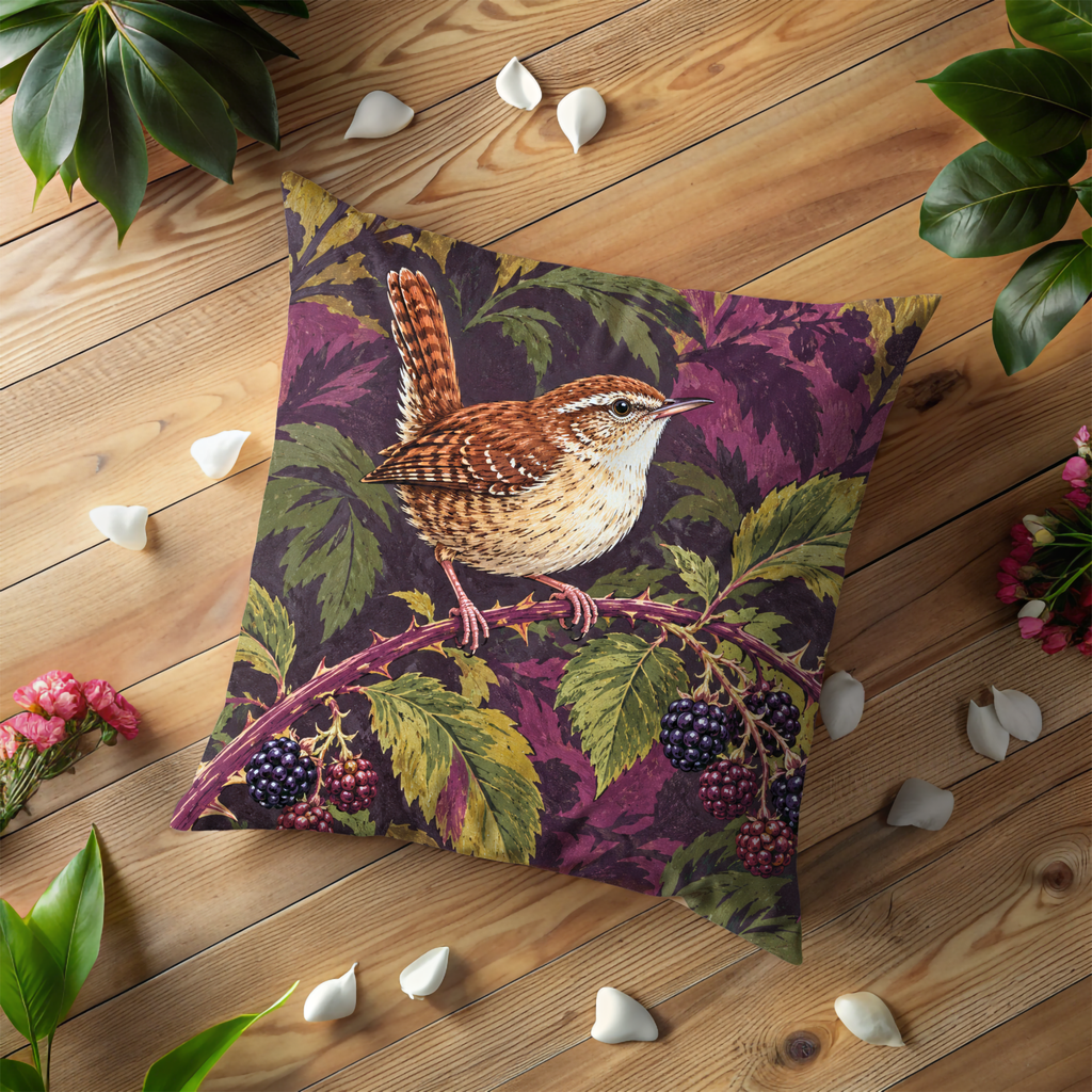 Wren Pillow Cover | Perched on a Thorny Blackberry Bramble Against Dense Burgundy Foliage