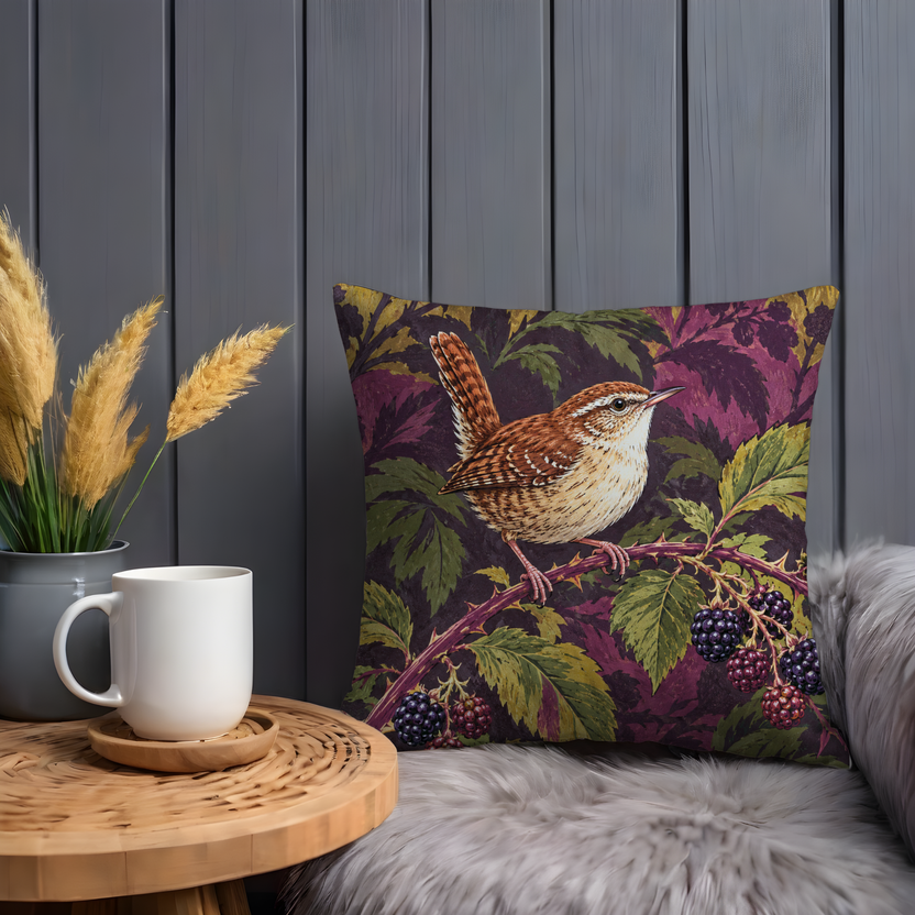 Wren Pillow Cover | Perched on a Thorny Blackberry Bramble Against Dense Burgundy Foliage