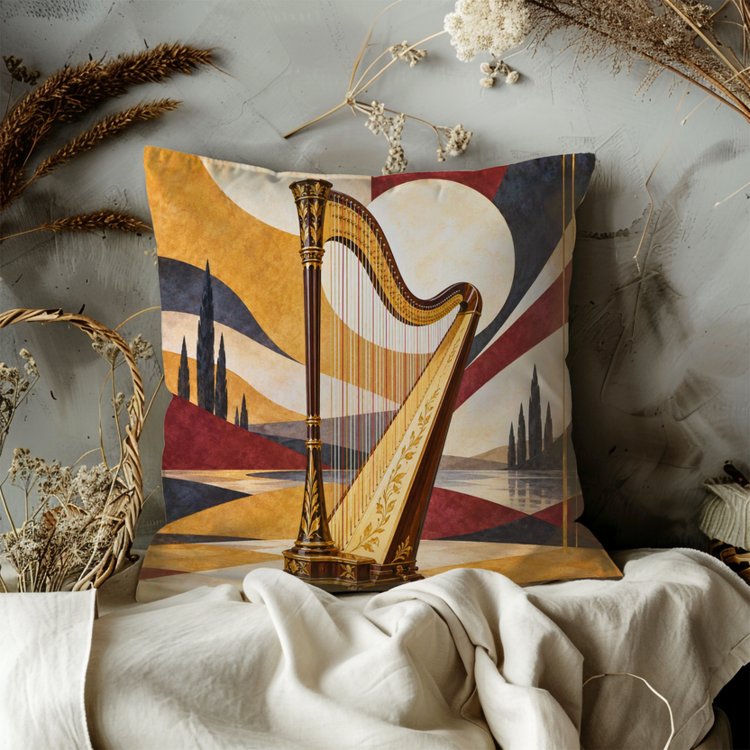 Harp Pillow Cover | Art Deco Geometric Landscape with Dark Cypress Silhouettes and Large Pale Circles