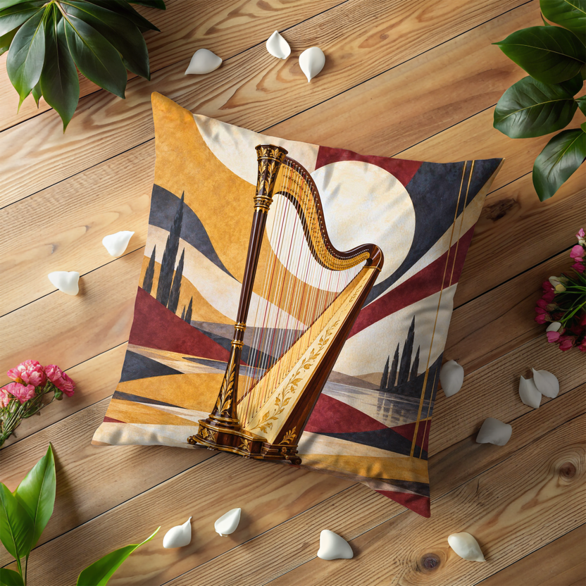 Harp Pillow Cover | Art Deco Geometric Landscape with Dark Cypress Silhouettes and Large Pale Circles
