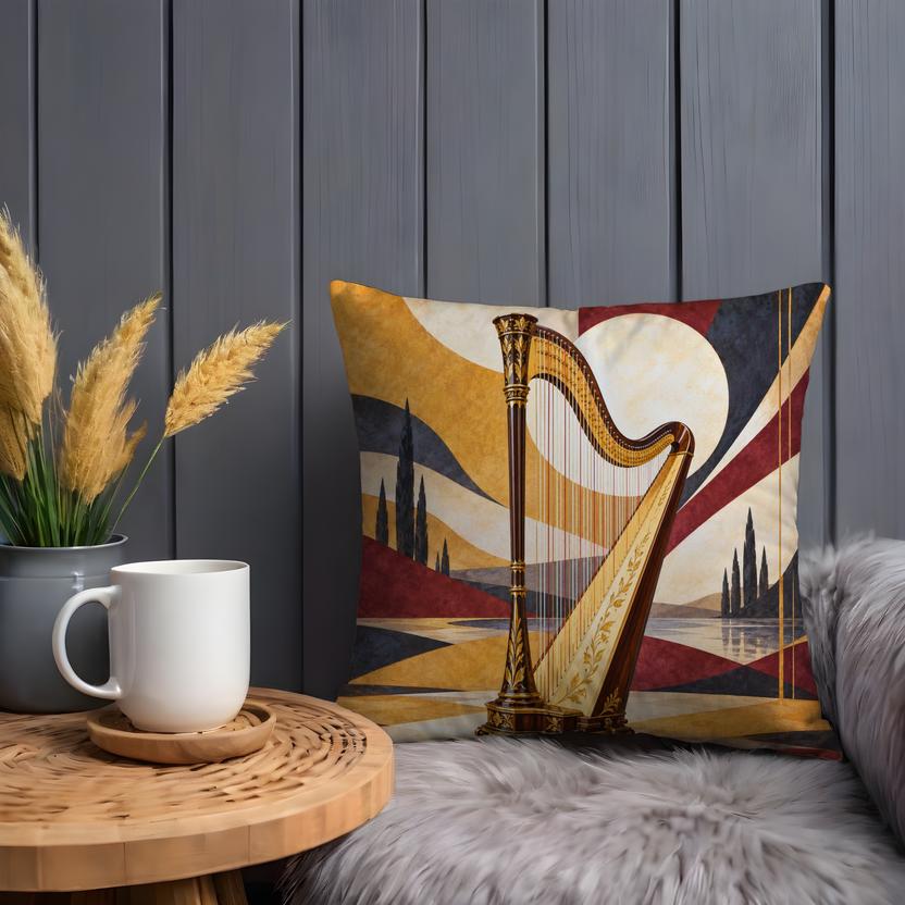 Harp Pillow Cover | Art Deco Geometric Landscape with Dark Cypress Silhouettes and Large Pale Circles