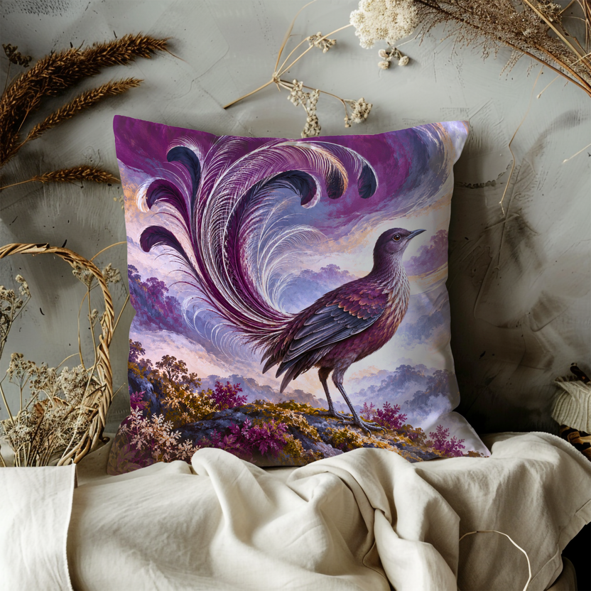 Bird Pillow Cover | Vibrant, Mystical Mountainous Landscape Under a Swirling Sky