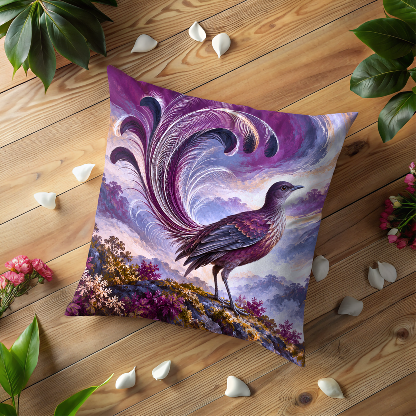 Bird Pillow Cover | Vibrant, Mystical Mountainous Landscape Under a Swirling Sky