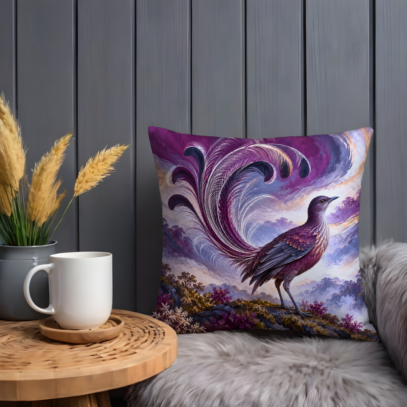 Bird Pillow Cover | Vibrant, Mystical Mountainous Landscape Under a Swirling Sky
