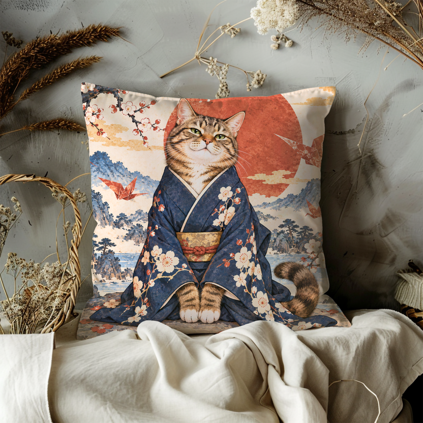 Tabby Cat Pillow Cover | Japanese Mountain Landscape Under a Large Red Sun with Cherry Blossoms and Flying Birds
