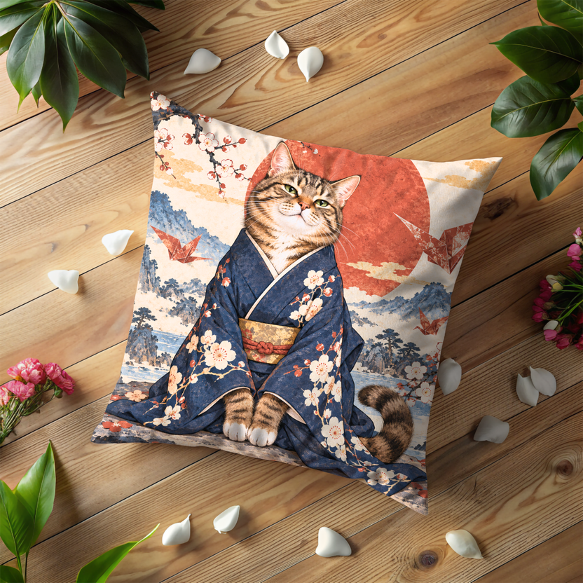 Tabby Cat Pillow Cover | Japanese Mountain Landscape Under a Large Red Sun with Cherry Blossoms and Flying Birds