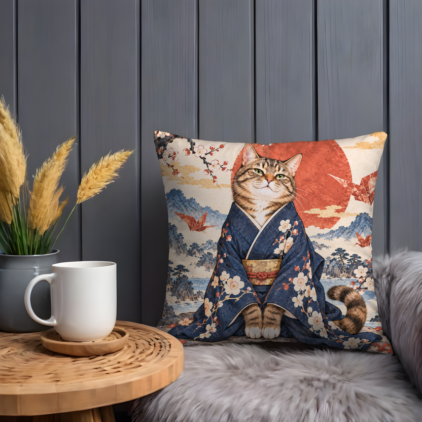 Tabby Cat Pillow Cover | Japanese Mountain Landscape Under a Large Red Sun with Cherry Blossoms and Flying Birds