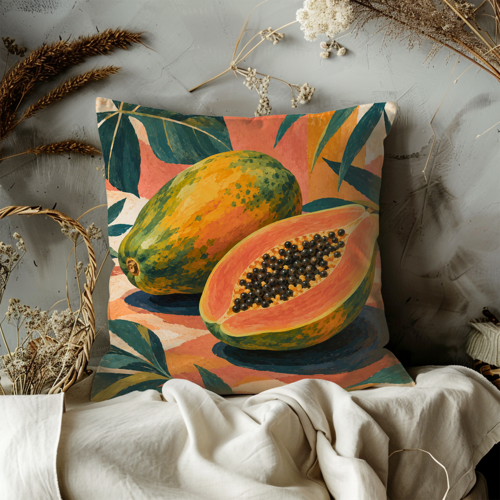 Papayas Pillow Cover | Tropical Leaves on a Coral Patterned Ground