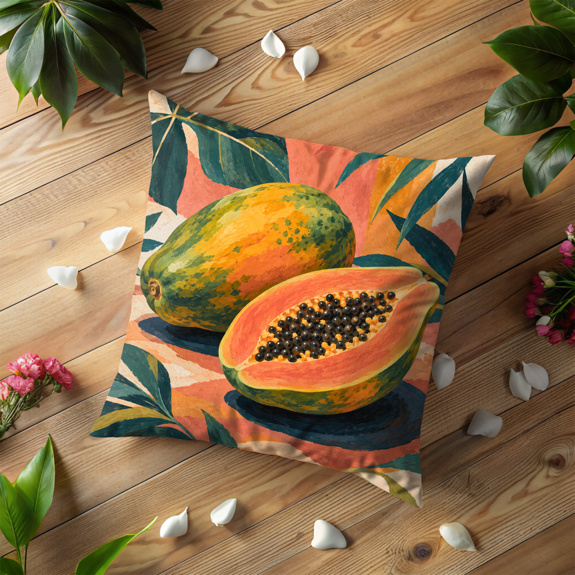 Papayas Pillow Cover | Tropical Leaves on a Coral Patterned Ground