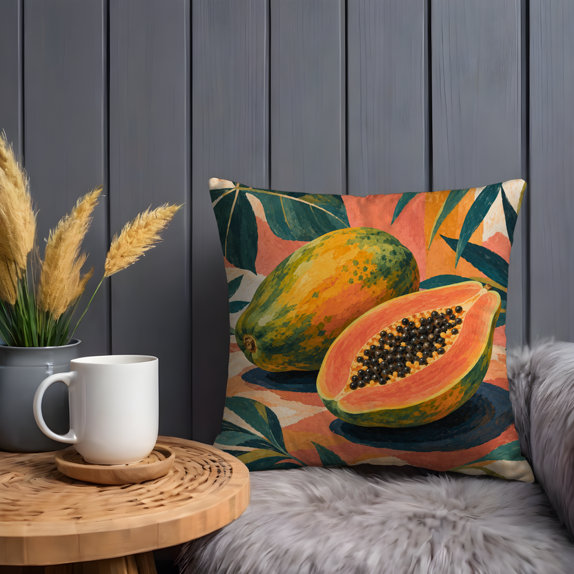 Papayas Pillow Cover | Tropical Leaves on a Coral Patterned Ground