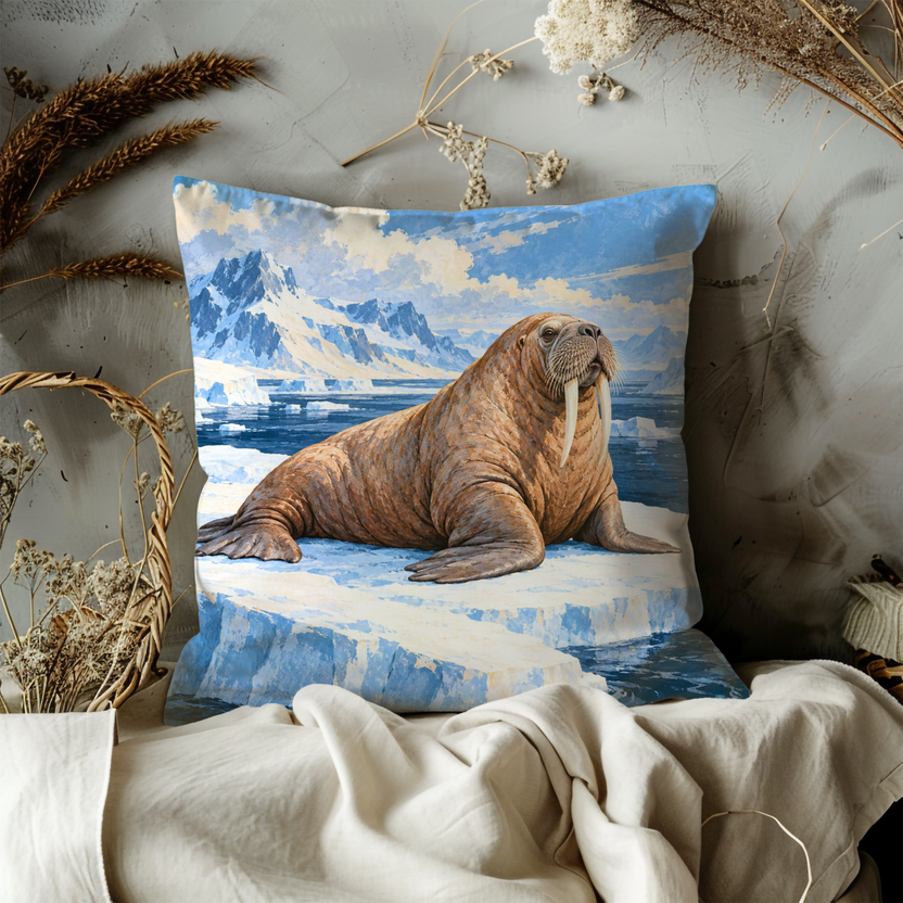 Walrus Pillow Cover | Arctic Ice Floe with Snowy Mountains
