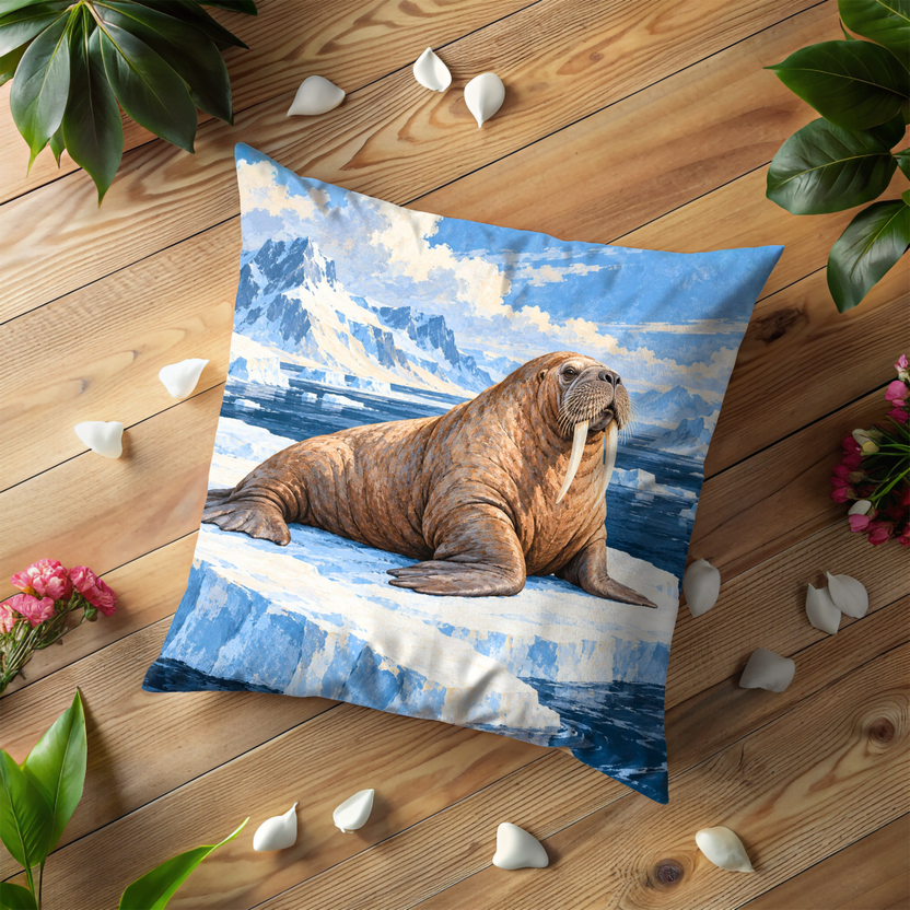 Walrus Pillow Cover | Arctic Ice Floe with Snowy Mountains