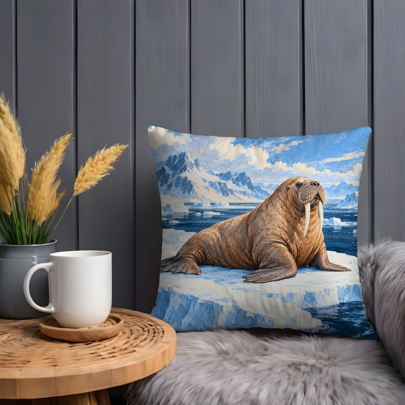 Walrus Pillow Cover | Arctic Ice Floe with Snowy Mountains