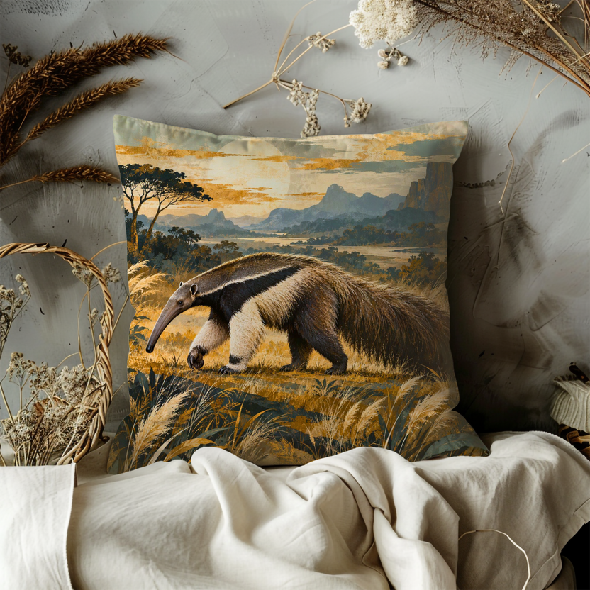Giant Anteater Pillow Cover | Golden Savanna at Low Sun with Tall Grass, Flat-topped Trees, and Distant Mountains