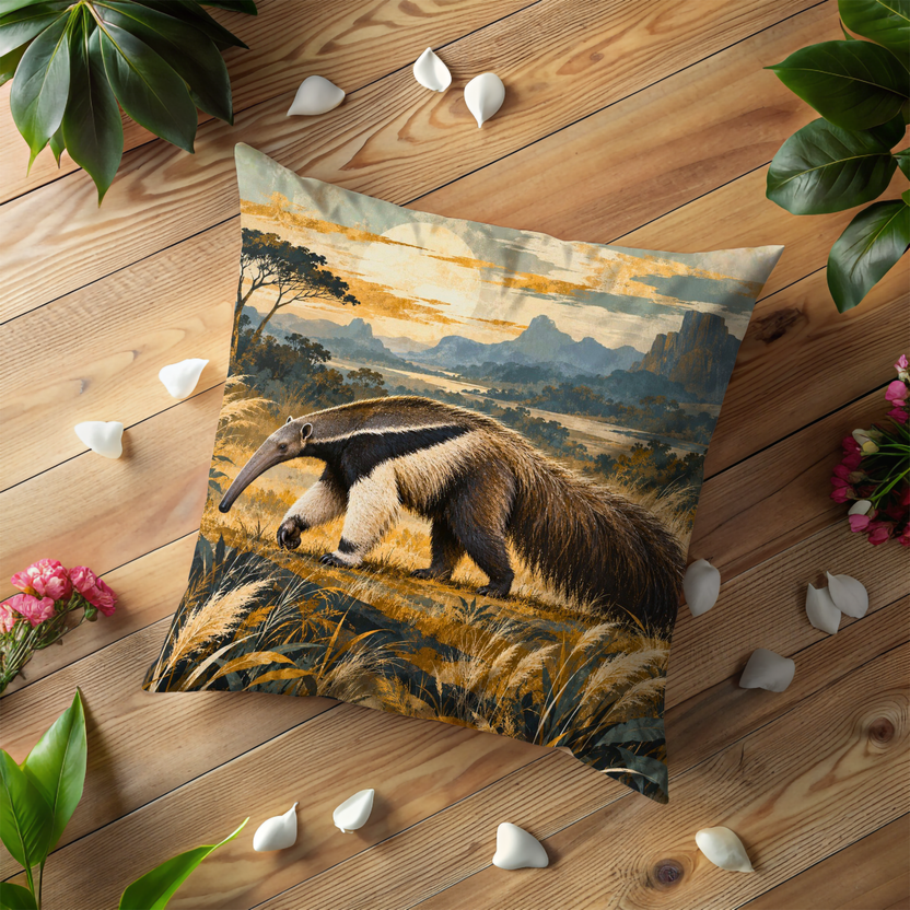 Giant Anteater Pillow Cover | Golden Savanna at Low Sun with Tall Grass, Flat-topped Trees, and Distant Mountains