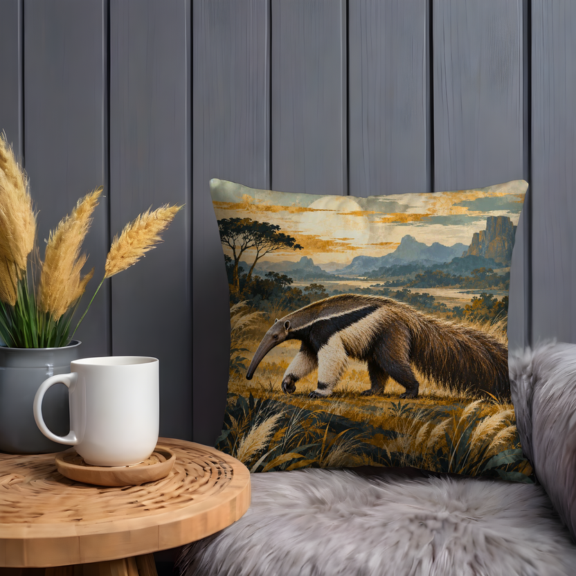 Giant Anteater Pillow Cover | Golden Savanna at Low Sun with Tall Grass, Flat-topped Trees, and Distant Mountains